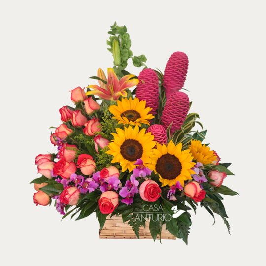 Arreglo de Rosas, Lirios, Girasoles y Maracas