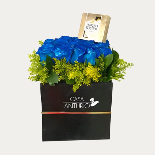 Caja de Rosas Azules y Chocolates