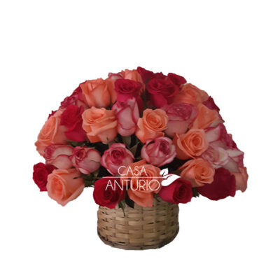 Canasta de rosas color pastel
