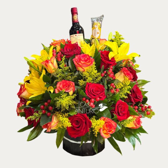 Arreglo de Rosas con Vino y Chocolates