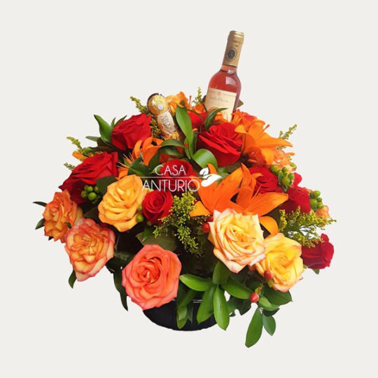 Arreglo de Rosas con Vino y Chocolates