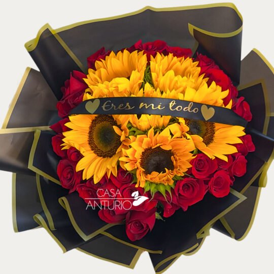 Bouquet de Rosas Rojas, Girasoles y Mensaje