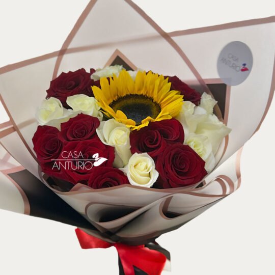 Bouquet de Rosas Blancas y Roja con Girasol