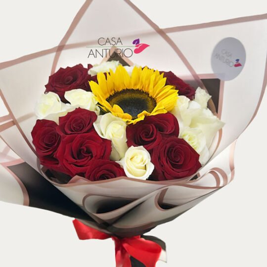 Bouquet de Rosas Blancas y Roja con Girasol