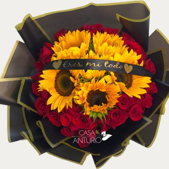 Bouquet de Rosas Rojas, Girasoles y Mensaje