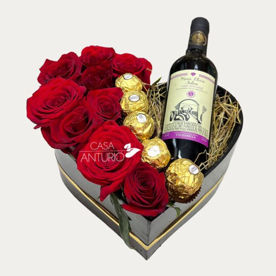 Corazón de Rosas, Chocolates y Botella