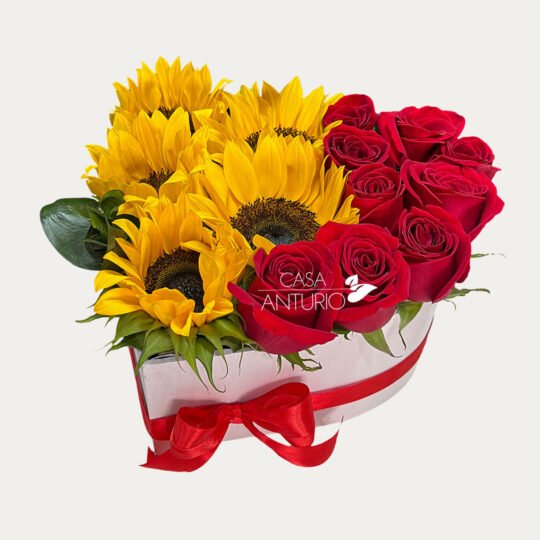 Corazón de Rosas Rojas y Girasoles