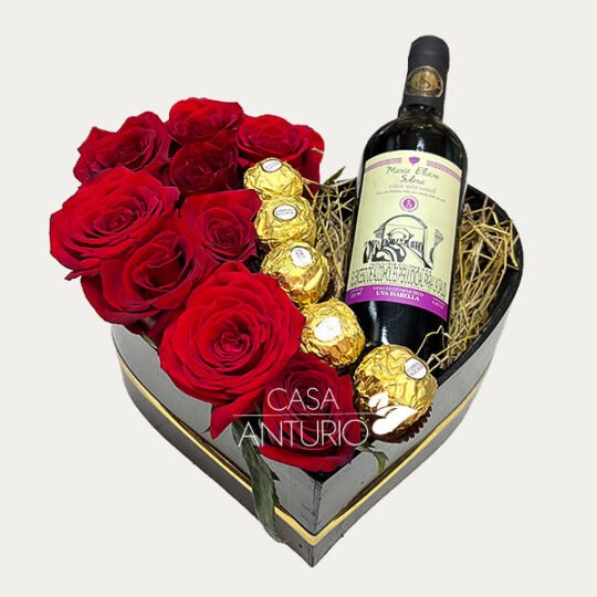 Corazón de Rosas, Chocolates y Botella