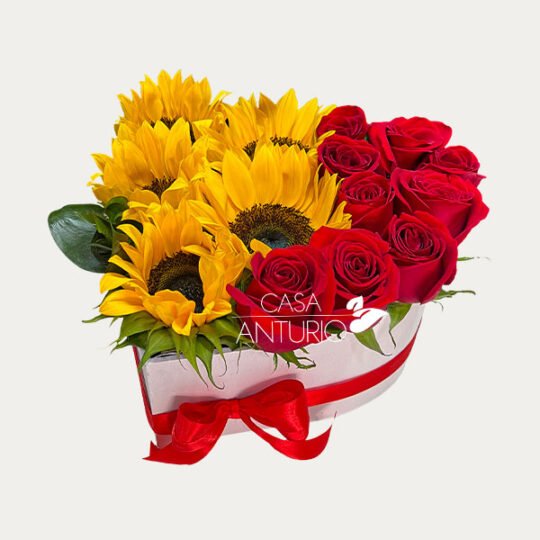 Corazón de Rosas Rojas y Girasoles