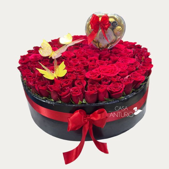 Caja Circular Gigante de Rosas con Mariposas y Chocolates
