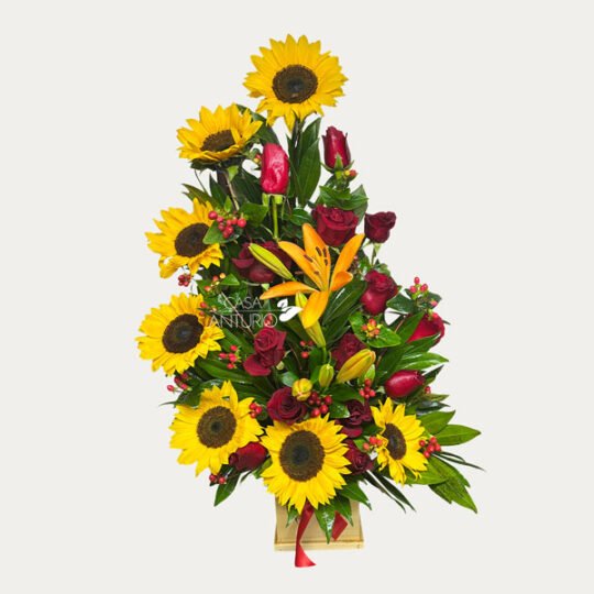 Arreglo de Rosas Rojas, Girasoles y Lirios