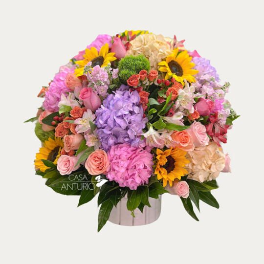Arreglo en Hortensias, Lirios, Gérberas y Girasoles