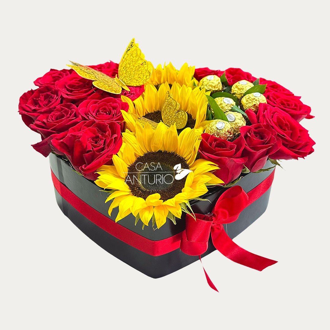Corazón de Rosas, Girasoles, Chocolates y Mariposas Decorativas - Imagen 2