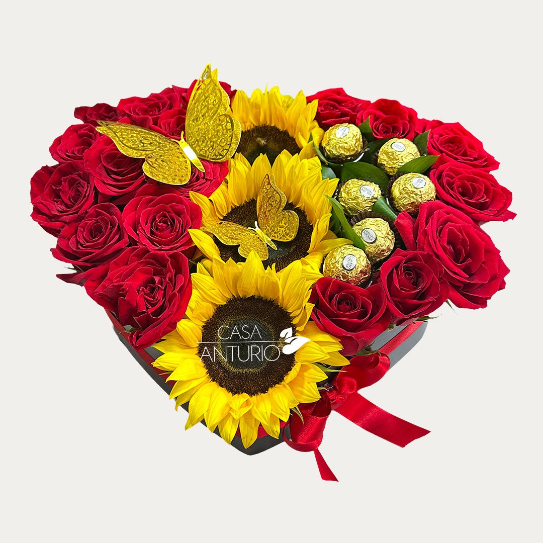 Corazón de Rosas, Girasoles, Chocolates y Mariposas Decorativas - Imagen 3