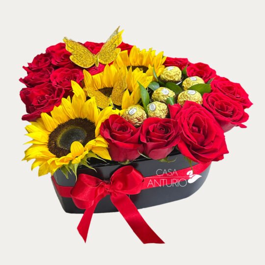 Corazón de Rosas, Girasoles, Chocolates y Mariposas Decorativas