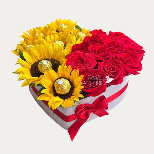 Corazón de Rosas y Girasoles con Chocolates