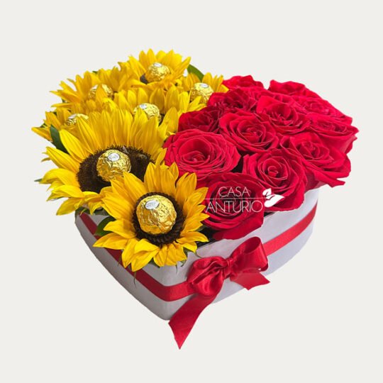 Corazón de Rosas y Girasoles con Chocolates