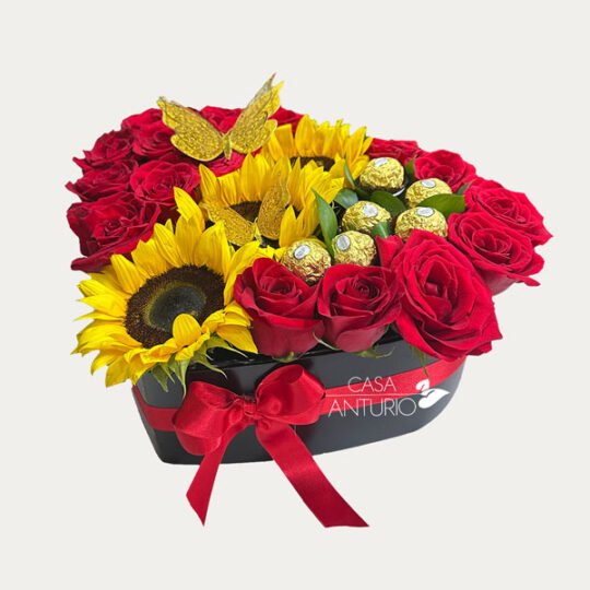 Corazón de Rosas, Girasoles, Chocolates y Mariposas Decorativas