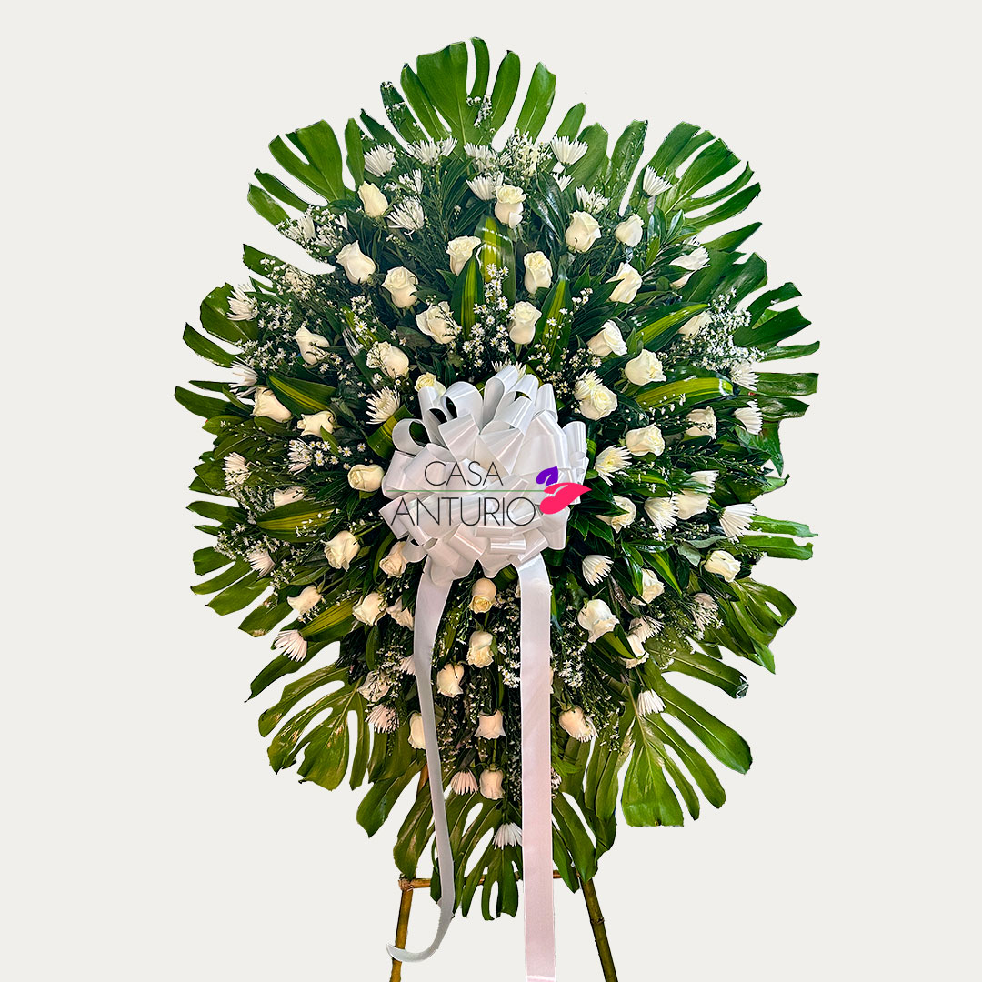 Corona Fúnebre de Rosas, Crisantemos, Montecasino y Hoja Rota