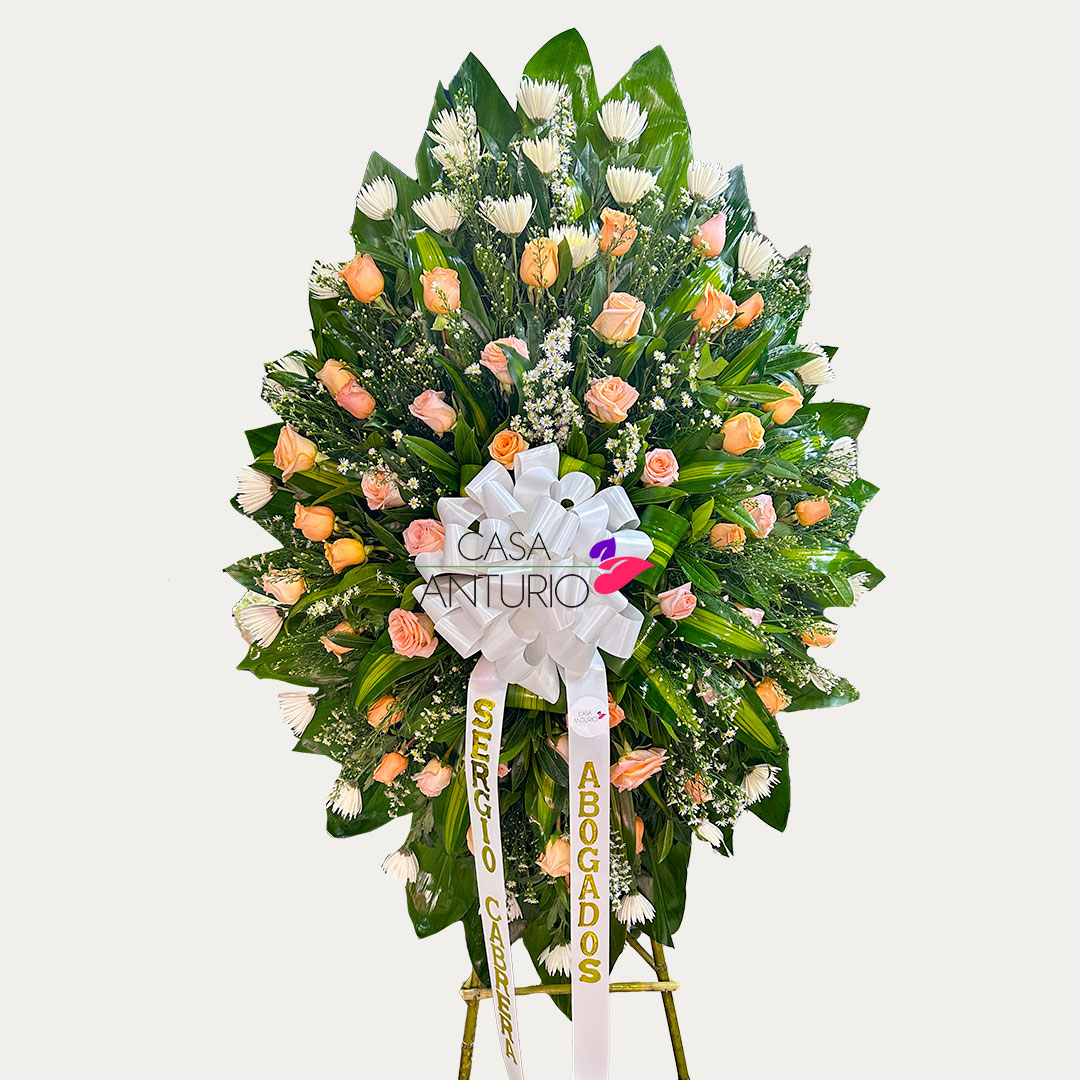 Corona Fúnebre de Rosas Salmón, Crisantemos Blancos y Montecasino
