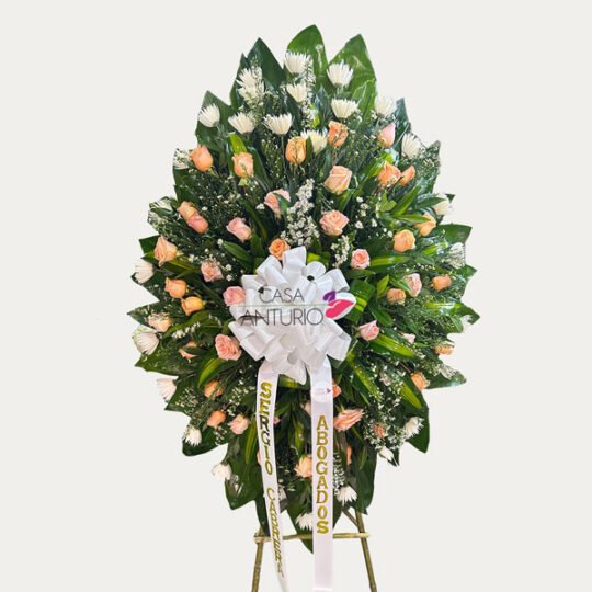 Corona Fúnebre de Rosas Salmón, Crisantemos Blancos y Montecasino