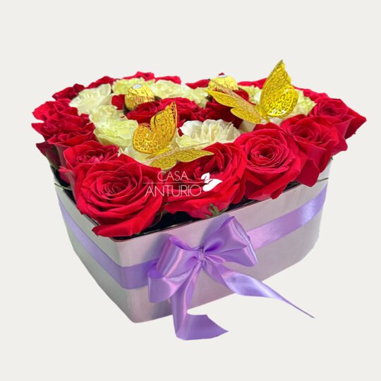 Corazón de Rosas Rojas, Blancas y Mariposas
