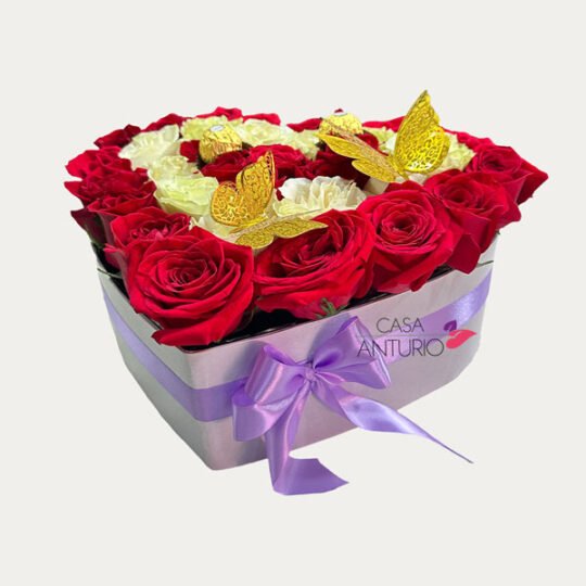 Corazón de Rosas Rojas, Blancas y Mariposas