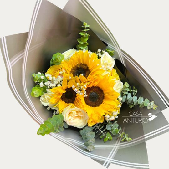 Bouquet de Rosas, Eucalipto y Girasoles