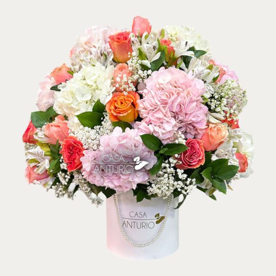 Arreglo de Rosas Salmón, Hortensias y Perla
