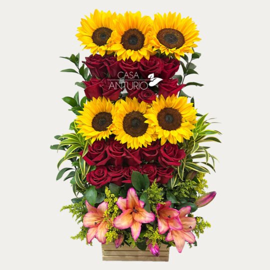 Arreglo de Rosas Rojas, Girasoles y Lirios
