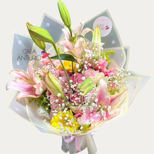 Bouquet de Rosas Rosadas, Gerberas, Claveles y Lirios