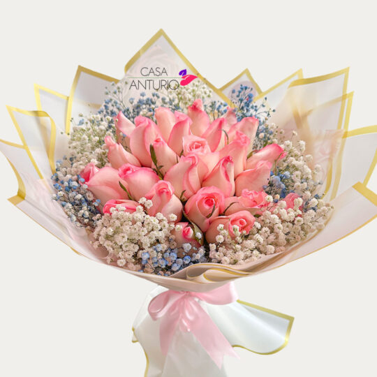 Bouquet de 24 Rosas Rosadas y Perla
