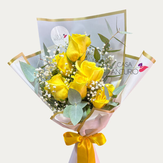 Bouquet de 6 Rosas Amarillas y Follaje