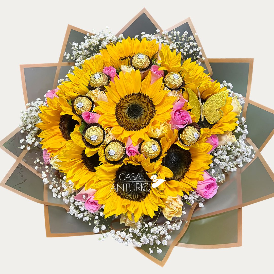 Bouquet de Girasoles, Rosas y Chocolates