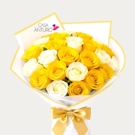 Bouquet de 24 Rosas Amarillas y Blancas en Papel Coreano