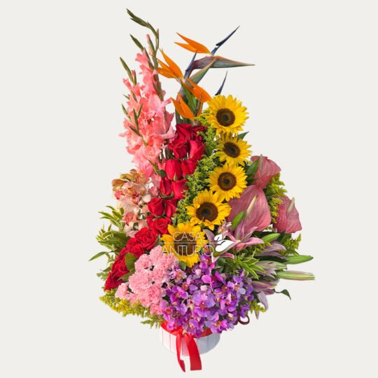 Arreglo de Rosas, Girasoles, Claveles y Follajes