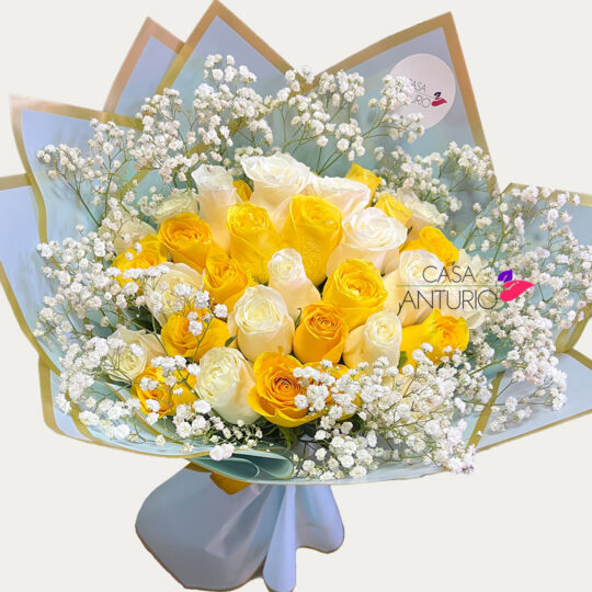 Bouquet de 24 Rosas Amarillas y Blancas con Perla