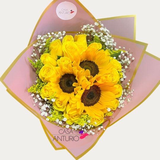 Bouquet de Rosas Amarillas y Girasoles