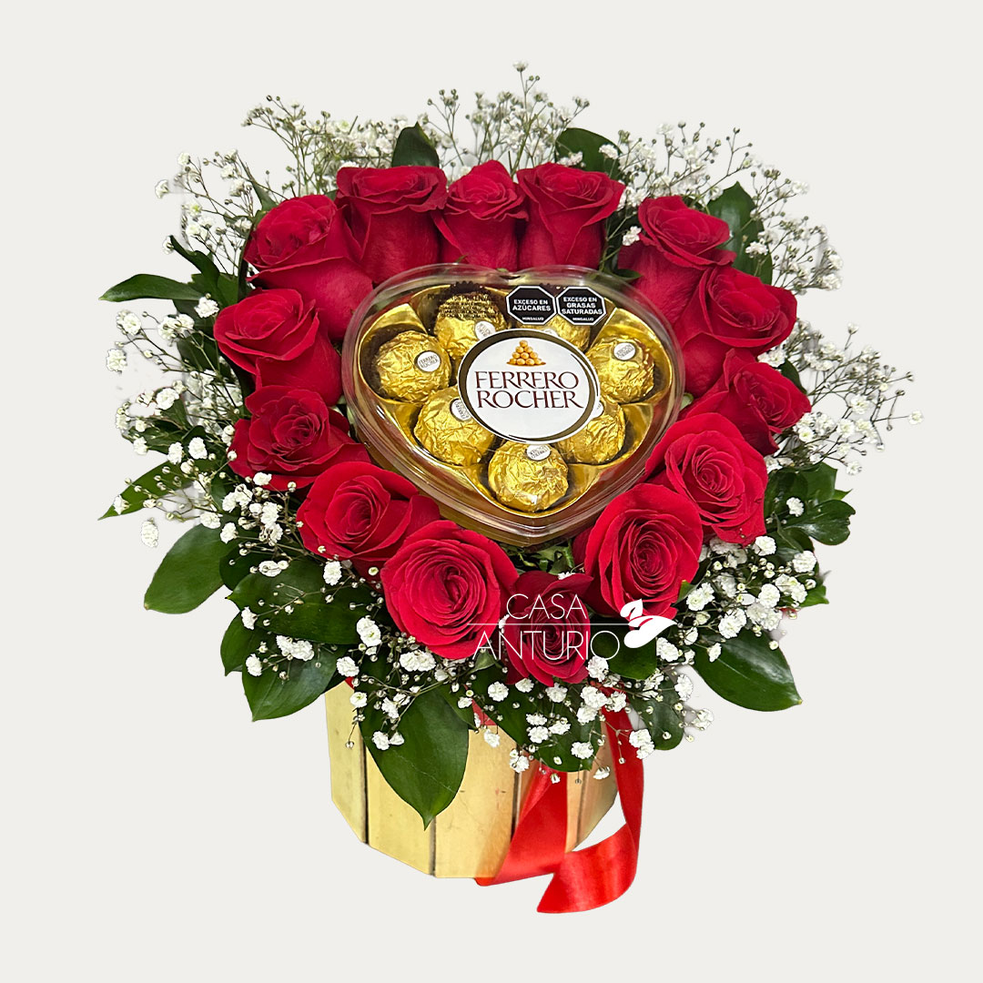 Arreglo en Corazón de Rosas Rojas y Chocolates